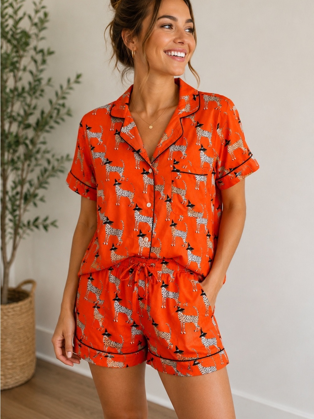 Bouffants & Broken Hearts Orange Witch Cat Print Pajama Set, Size Small